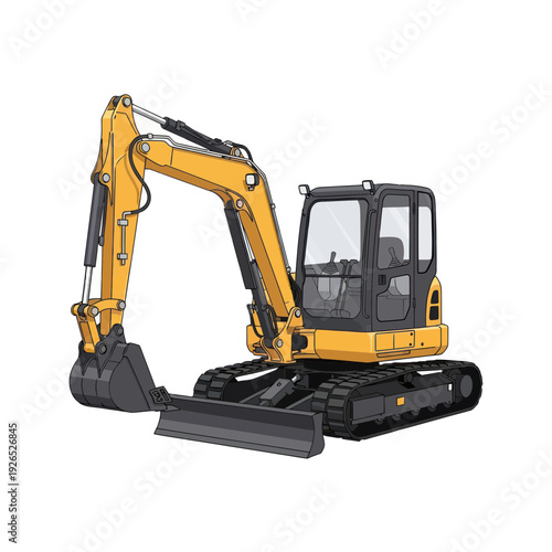 Yellow Mini Excavator with Bucket and Blade on Tracks, Isolated White Background