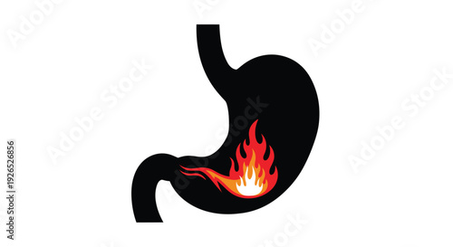 Illustration of a stomach with a fiery inflammation inside