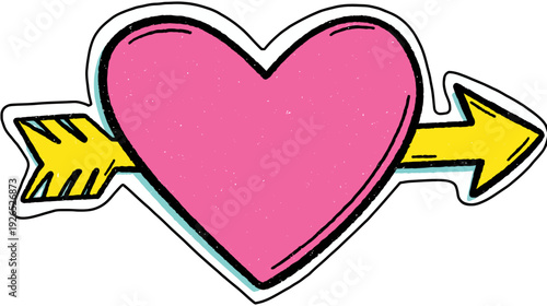 A hand-drawn pink heart pierced by a yellow arrow, outlined in black, with a white and cyan border