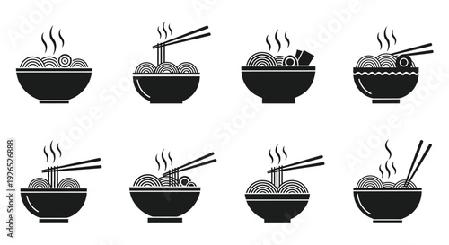 Black and white illustration of ramen noodle bowls in varying styles