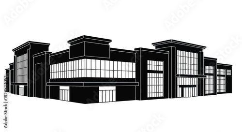 Black and white illustration of a large modern commercial building exterior