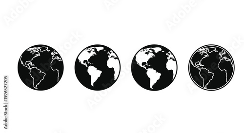 Four variations of a world globe illustration in black and white