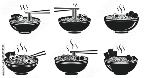 Black and white illustration of ramen bowls with steam and toppings