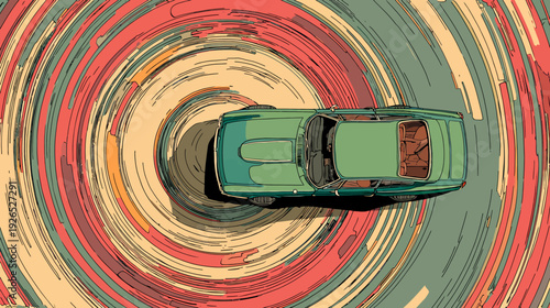 Overhead view of a green classic car drifting in a stylized colorful swirl of lines