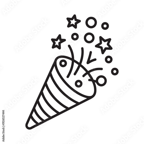 A black and white illustration of a party popper exploding with confetti