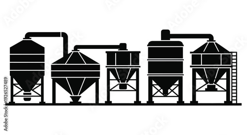 Black silhouette illustration depicting an industrial brewery or distillery complex
