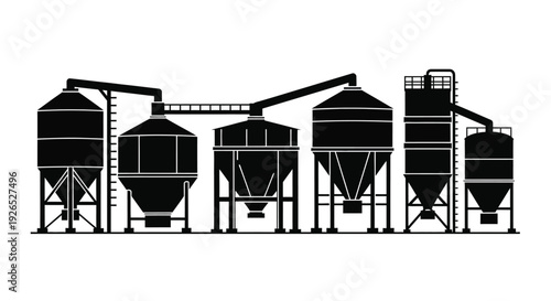 Industrial complex silhouette featuring connected silos and processing structures