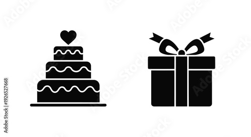 Black and white icons depicting a tiered cake and a gift box