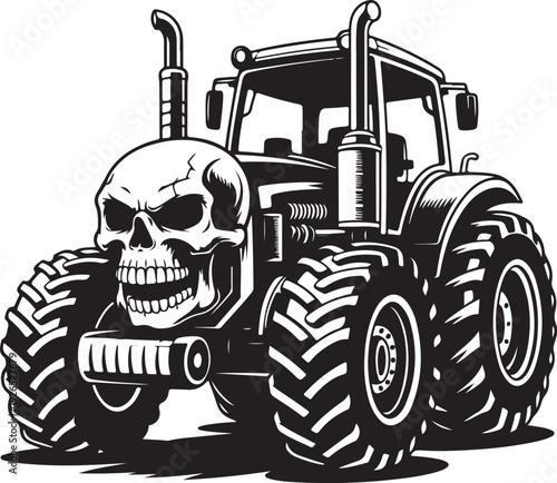 skull on a tractor with large tires and a cabin