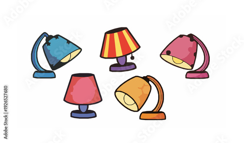 Cute Cartoon Night Lamps with Patterned Lampshades Vector Set