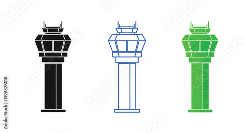 Three air traffic control towers in different color schemes