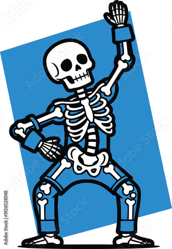 Skeleton figure wearing blue jeans and wristbands strikes a dramatic dance pose against a tilted blue square background.