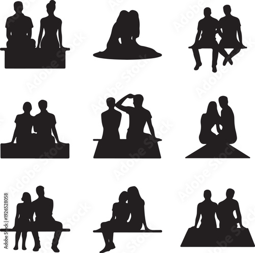 silhouette of people sitting together in various poses on benches or on the ground
