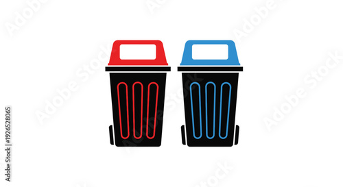 Two trash cans one red and one blue stand side by side