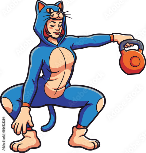 Woman dressed in a cute blue cat onesie performs a kettlebell squat exercise with focused determination.