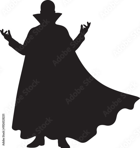 Silhouette of a mysterious figure in a long cape and high collar, with arms outstretched in a dramatic or magical pose, evoking fantasy or gothic themes.