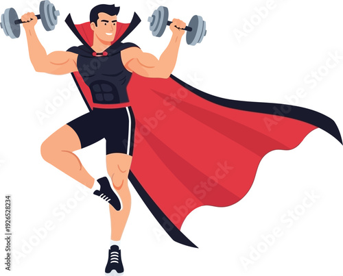 Muscular man dressed as a vampire performs bicep curls with heavy dumbbells while wearing a flowing red and black cape.