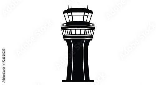 Minimalist silhouette of a black air traffic control tower against white
