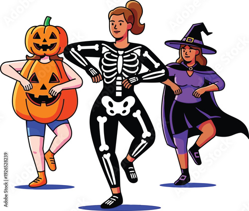 Three women dressed in Halloween costumes, including a pumpkin, skeleton, and witch, dance together happily in a group activity.