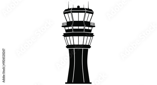 Simple black silhouette of an air traffic control tower against a white background