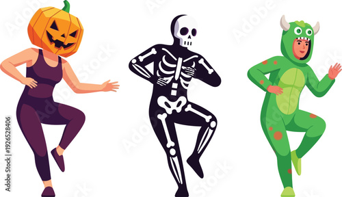 Diverse group of people in Halloween costumes like a pumpkin, skeleton, and monster participate in a cheerful dance together.