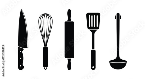 Black silhouette icons of various kitchen utensils arranged in a row