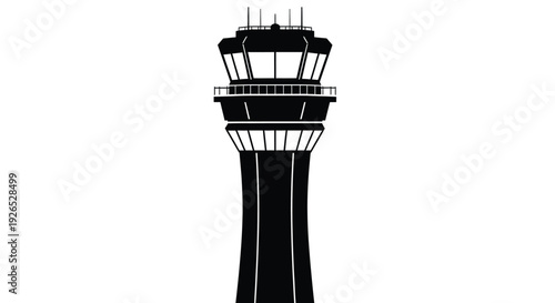 A minimalist black and white illustration of an airport control tower