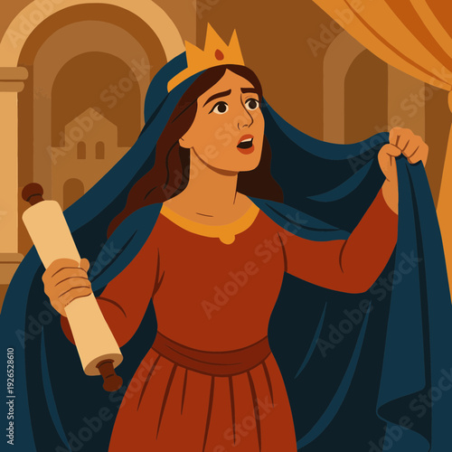 Flat vector illustration of Queen Esther revealing her Jewish identity