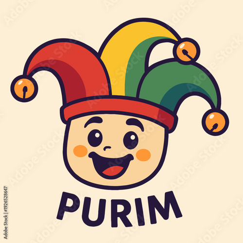 Flat vector illustration of Purim jester hat with bells, colorful stripes