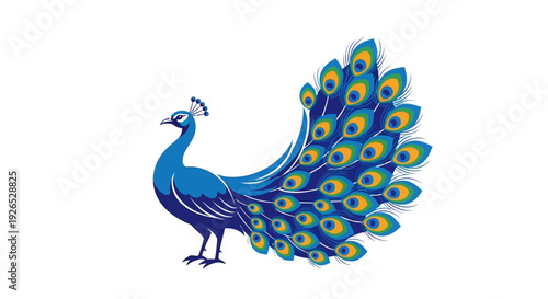 A vibrant peacock with outstretched feathers stands proudly, showcasing its colorful plumage in a graphic illustration.