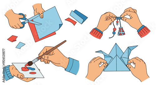 Hands engaged in crafting paper objects with scissors, paint, and folding techniques in a creative process