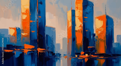 Cityscape illustration with skyscrapers and vibrant colors, captured from a low viewpoint Whisk_387bee9ad323c7a996d4566a62e3efa2dr.eps