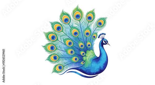 A majestic peacock displaying vibrant feathers in a serene natural environment from a side viewpoint