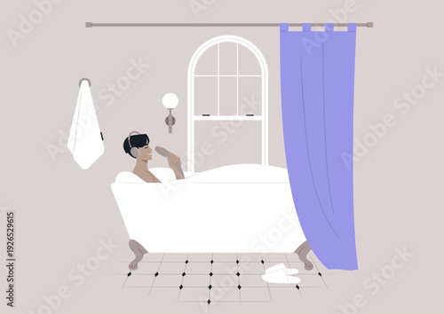 In a cozy bathroom, a person enjoys a blissful moment, singing with delight in a shower head, while soaking in a luxurious bathtub surrounded by soft colors and gentle lighting.