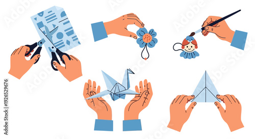 Hands crafting origami flowers and shapes with scissors and paper in a creative activity