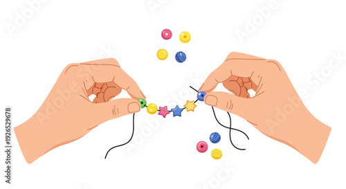 Hands holding beads and strings in a creative crafting activity illustration