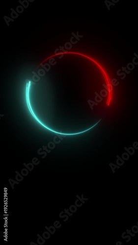 Abstract vertical banner concept. Minimalist rotating seamless neon color circle with alpha channel. Glowing red and cyan color light trails. Minimalist Yin Yang symbol with copy space. Design element