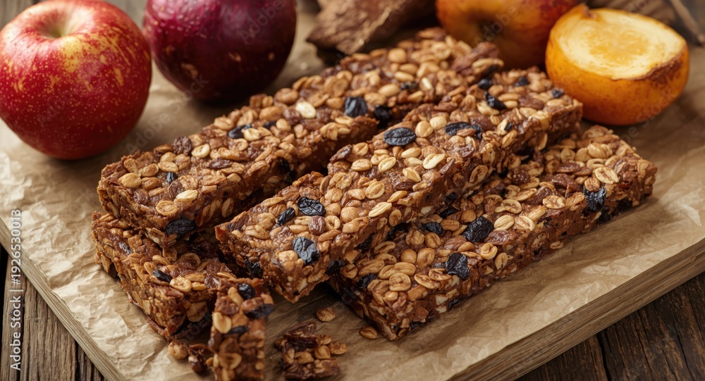 Fototapeta premium Rustic kitchen display of dried fruit cereal bar in whole and sliced form
