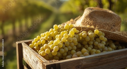 White grape bunches captured close up in crate with vineyard and straw hat background during grape harvest