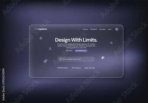Digital Design Interface: a minimalist and modern digital interface, the design of a transparent glass-like window is elegantly displayed, highlighting the design process and creative boundaries