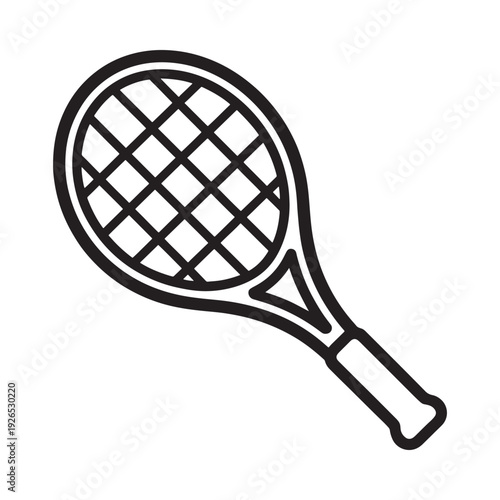 A simple black and white line drawing of a tennis racket