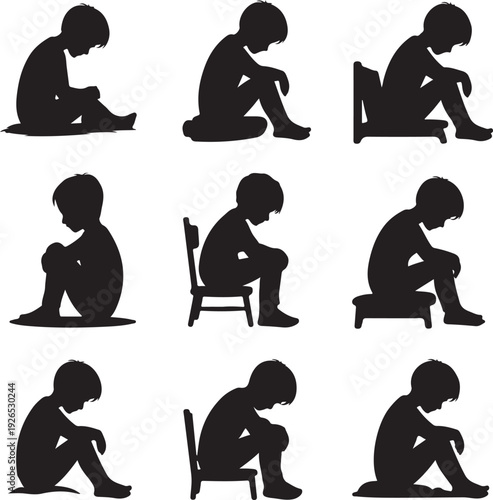 silhouettes of children sitting in different positions and on various objects