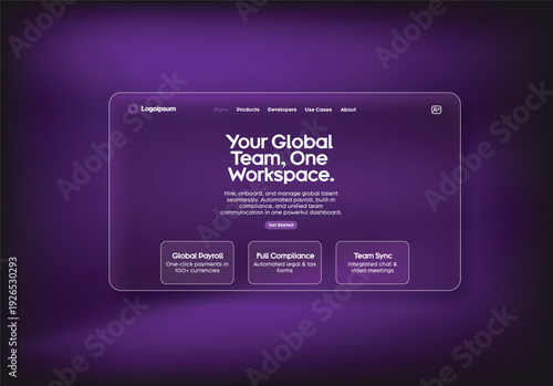 Glassmorphism landing page UI website interface vector illustration