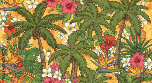 Tropical scenery with palm trees, flowers, and lush foliage, illustrated in a vibrant and colorful environment from a straightforward viewpoint