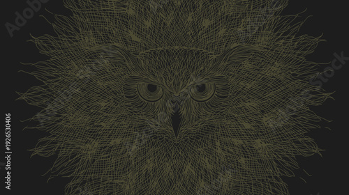 Intricate illustration of an owl, rendered in a textured, cross-hatched style with an olive-green hue