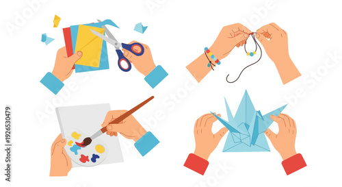 Hands engaging in creative activities, crafting, and art projects with various materials and tools
