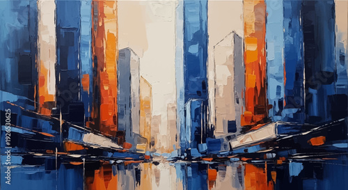 Vibrant Cityscape with Modern Architecture, Waterfront, and Reflections, Viewed from a Low Angle, Featuring Buildings, City, Water, Skyscrapers, and Architecture