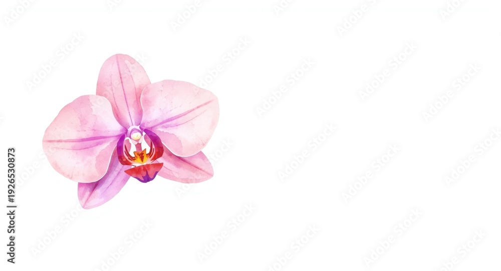Fototapeta premium Watercolor illustration of orchid bloom on white space for greeting card and print applications