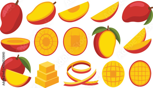 Mango Fruit Vector Set  Whole, Sliced, and Cubed Tropical Illustration