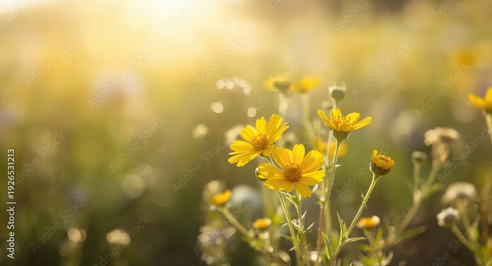 Fototapeta premium Yellow flower cluster illuminated by warm sunlight showing shimmering petals